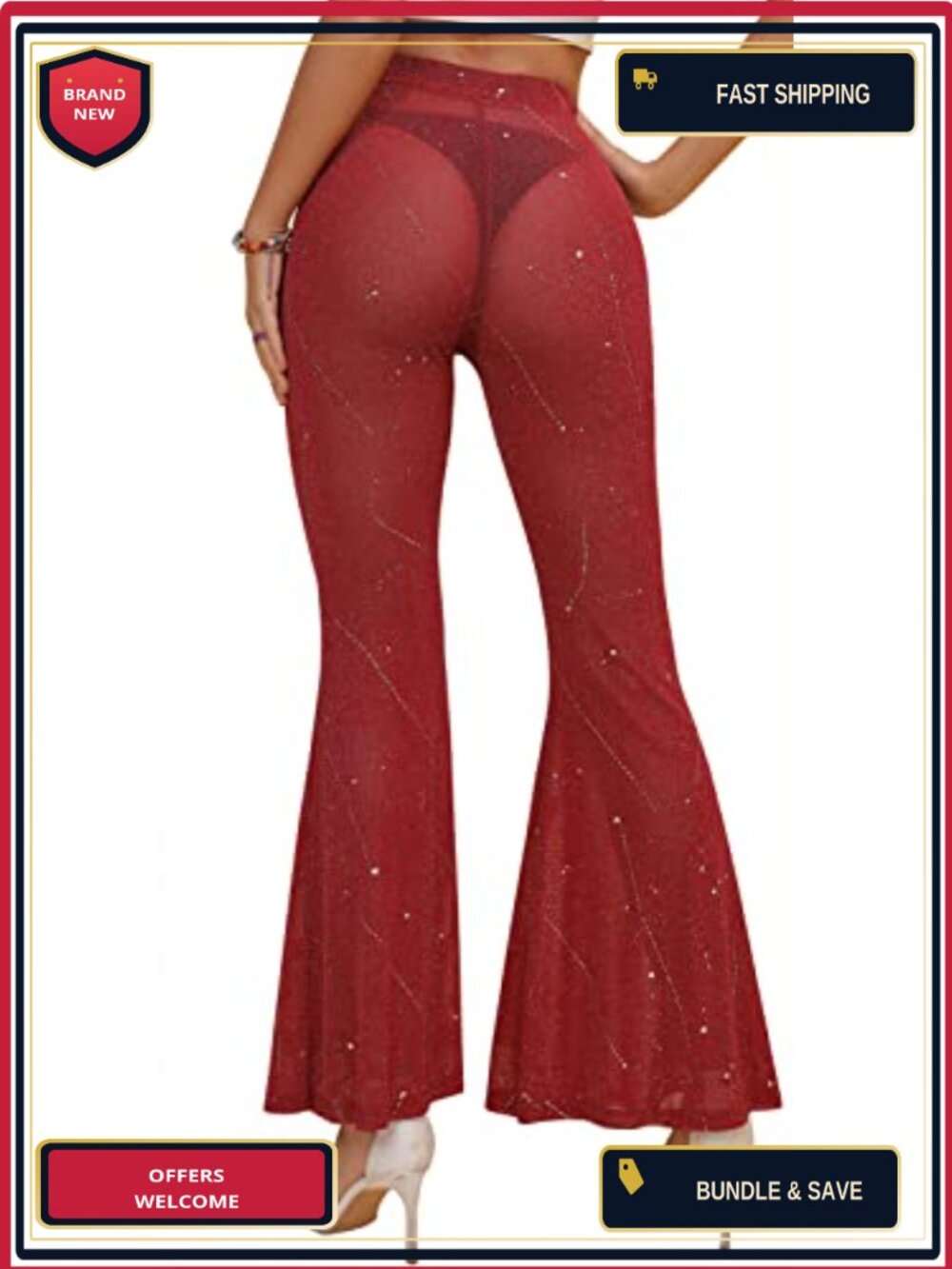 Women's Mesh Sequin Flared Leggings High Waist Sheer Rave Festival Pants